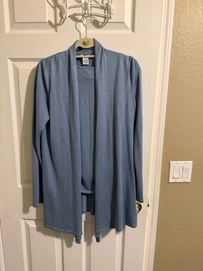 Lightweight Mostly Silk Open-Front Cardigan Set Dusty Blue Excellent Condition